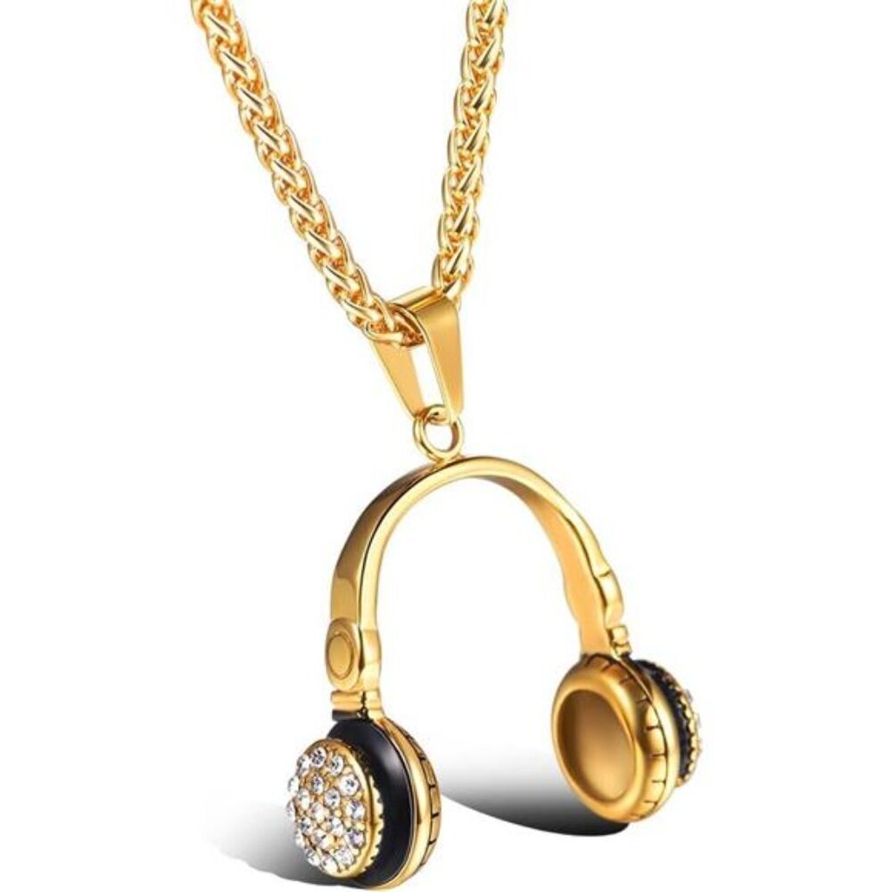 NEW Mens Iced Out Gold Headphones Music Lover Chain Necklace